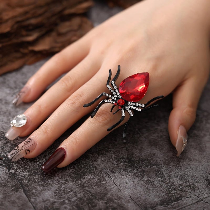 ANGLEQUEEN Punk Halloween Spider Rings for Women Knuckle Black Spider Web Bat Ring Gothic Vintage Dark Crystal Ring Red Rhinestone Statement Rings Halloween Witch Jewelry - Image 1